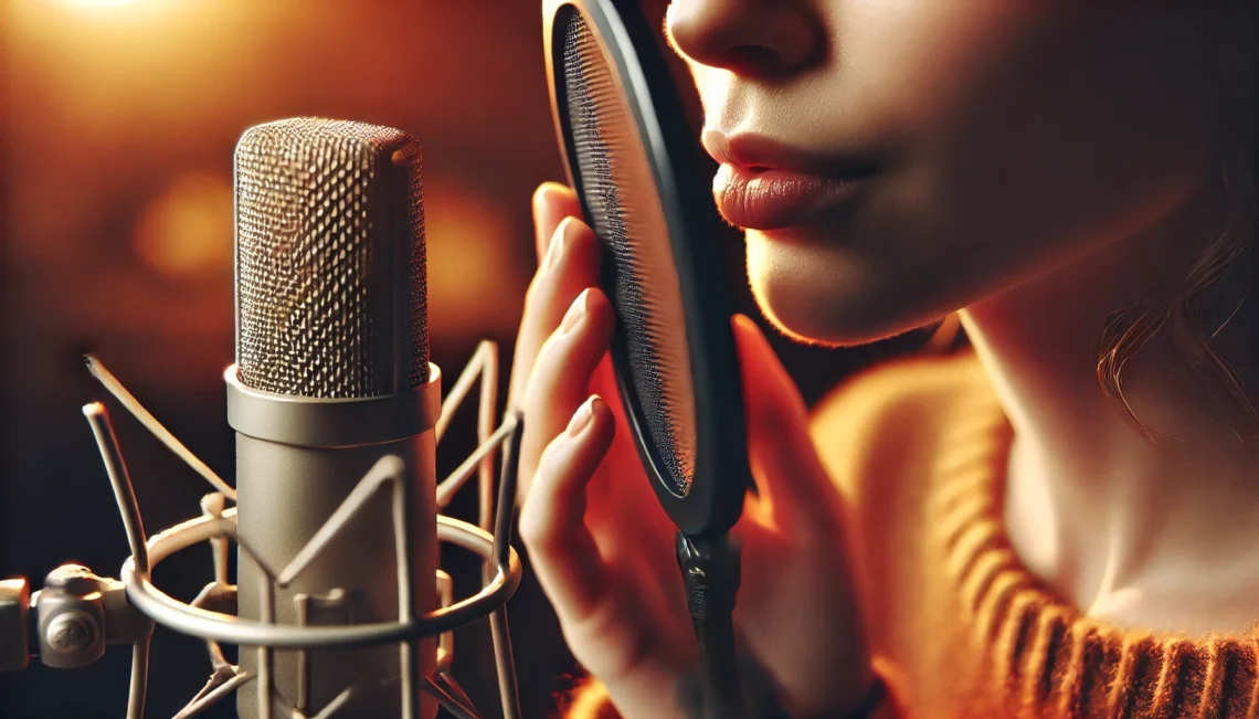 Eine Frau flüstert sanft in ein Studio-Mikrofon und erzeugt beruhigende ASMR-Klänge. Die warme, weiche Beleuchtung und der verschwommene Hintergrund vermitteln eine intime und entspannende Atmosphäre.