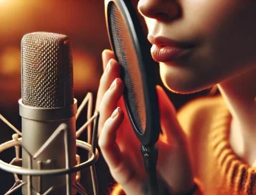Eine Frau flüstert sanft in ein Studio-Mikrofon und erzeugt beruhigende ASMR-Klänge. Die warme, weiche Beleuchtung und der verschwommene Hintergrund vermitteln eine intime und entspannende Atmosphäre.