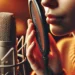 Eine Frau flüstert sanft in ein Studio-Mikrofon und erzeugt beruhigende ASMR-Klänge. Die warme, weiche Beleuchtung und der verschwommene Hintergrund vermitteln eine intime und entspannende Atmosphäre.