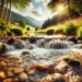 Ein sanft plätschernder Bach fließt durch eine idyllische Berglandschaft im Sommer. Sonnenlicht spiegelt sich im klaren Wasser und erzeugt eine beruhigende ASMR-Atmosphäre.